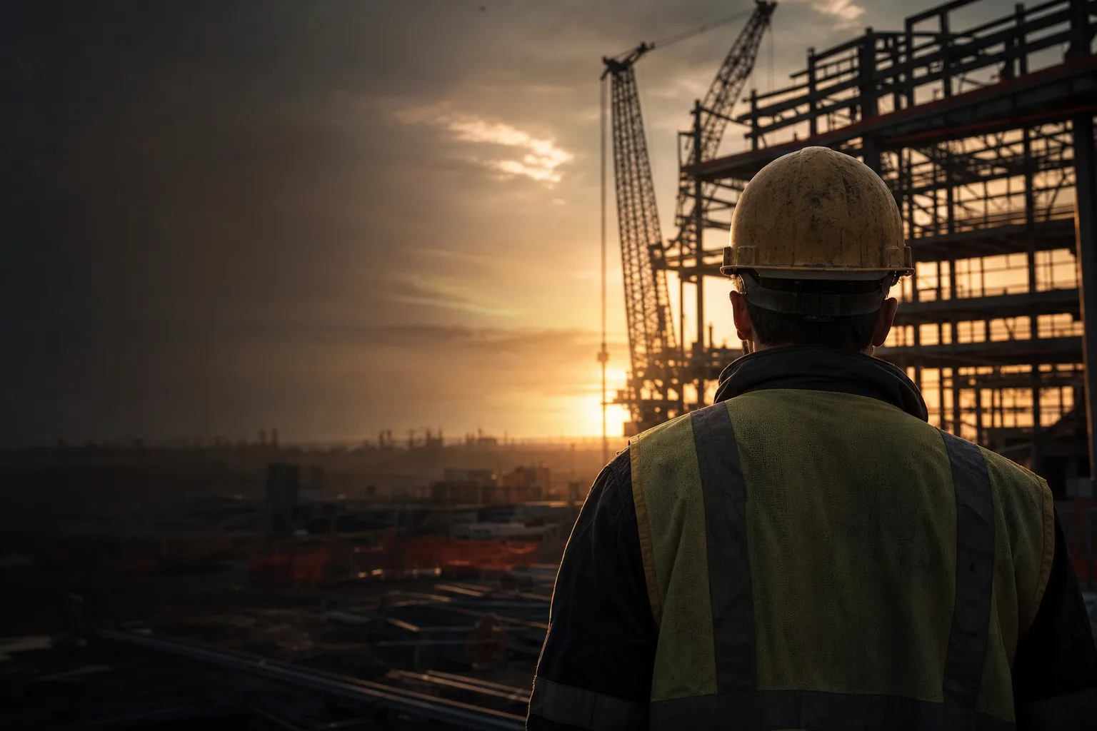 Construction site with veteran worker